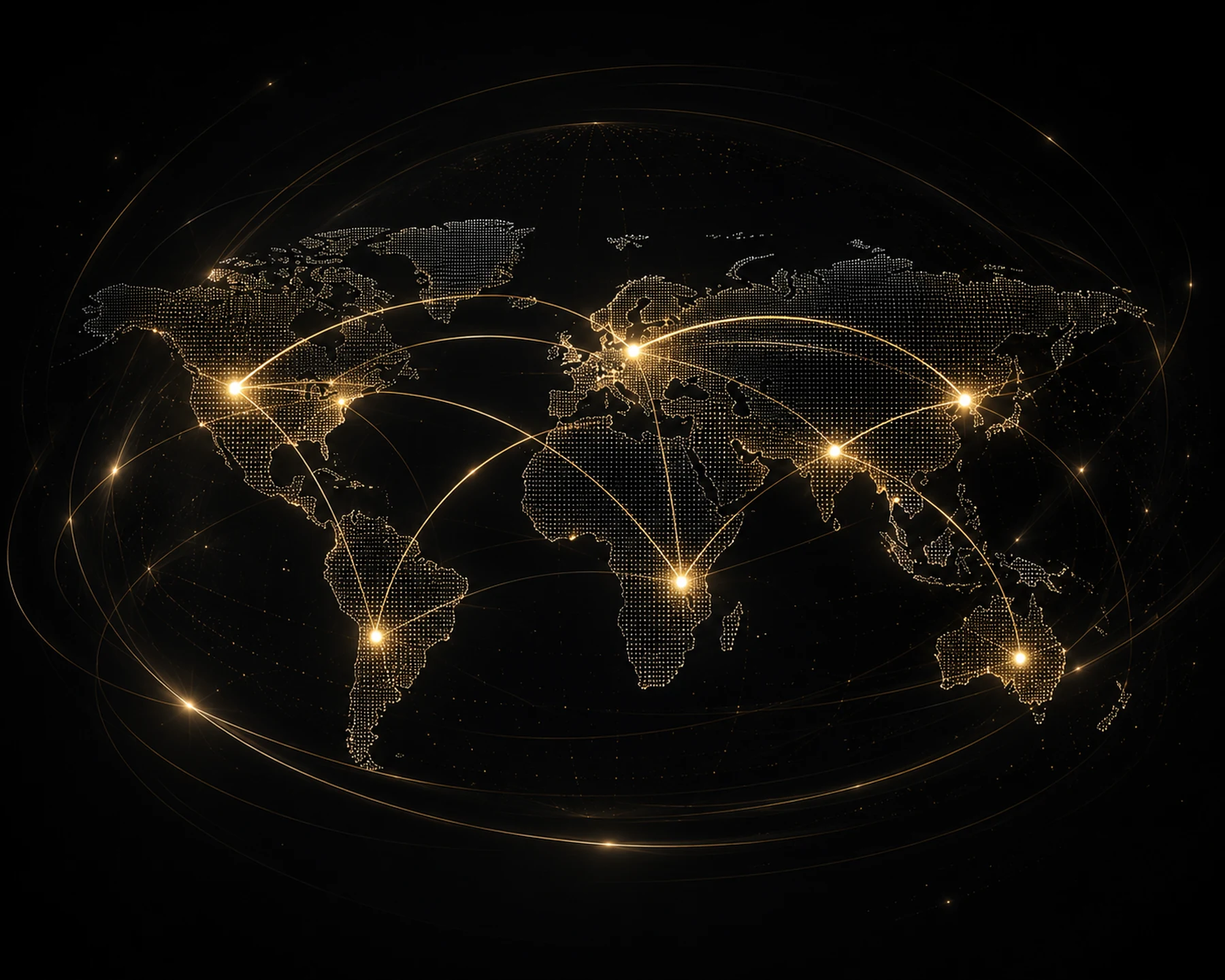 Mapa-múndi conceitual com conexões luminosas representando a visão internacional da GCFC